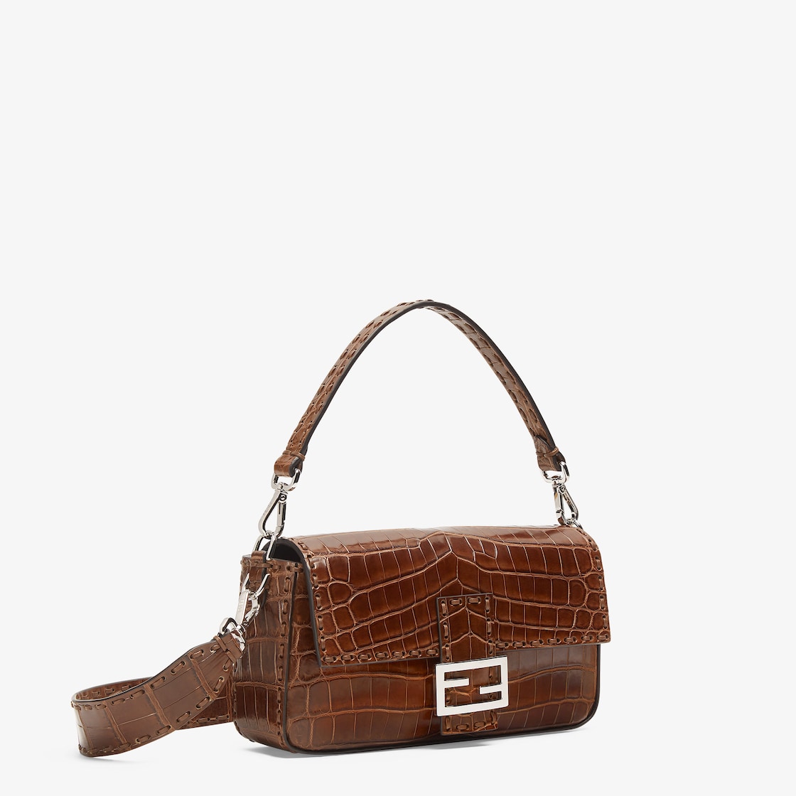 FENDI Baguette Brown crocodile bag with 612 hand-sewn topstitches - Image 4